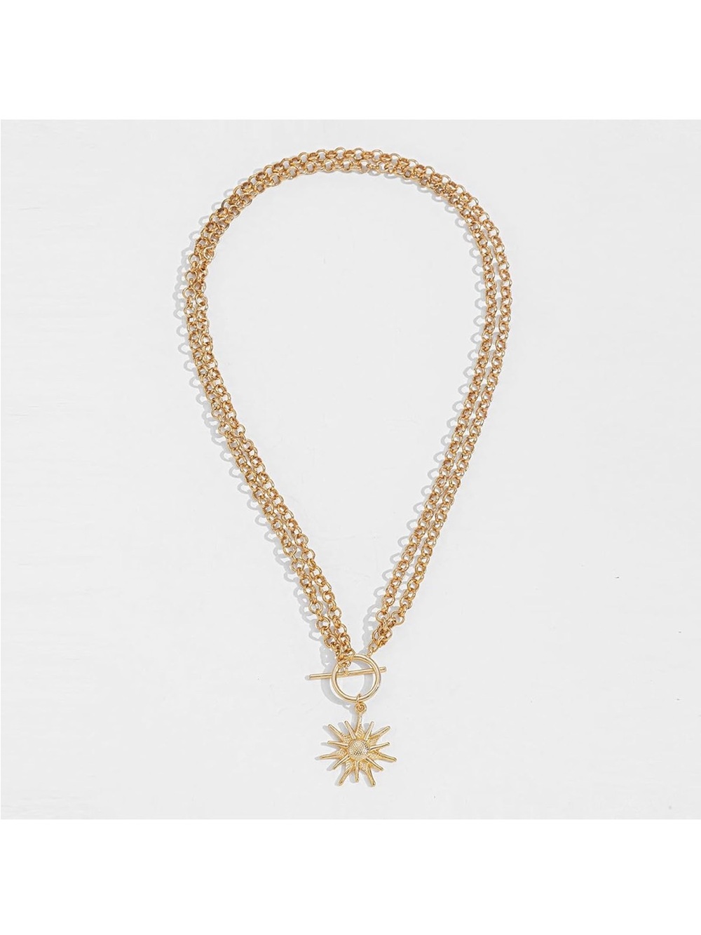 Gold Double Chain Sunburst Pendant Necklace - Women Jewelry